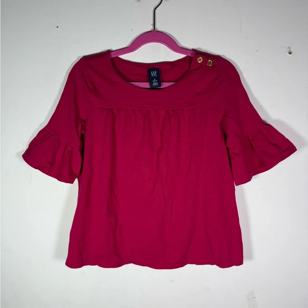 GAP Kids Fuchsia Flutter Ruffle Sleeve Top Gold Button Detail Girls S‎ 6-7 NWOT